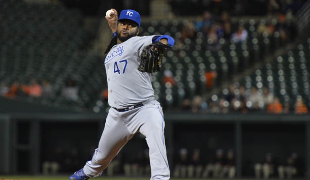 Sep 13, 2015; Baltimore, MD, USA; Kansas City Royals starting pitcher Johnny Cueto (47) pitches during the first inning against the Baltimore Orioles at Oriole Park at Camden Yards. Mandatory Credit: Tommy Gilligan-USA TODAY Sports