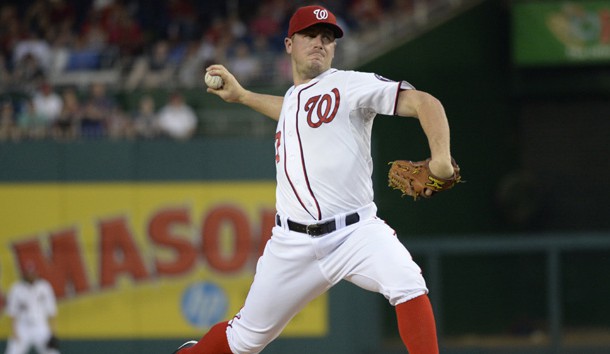 Sep 3, 2015; Washington, DC, USA; Washington Nationals starting pitcher Jordan Zimmermann (27) pitches during the second inning against the Atlanta Braves at Nationals Park. Mandatory Credit: Tommy Gilligan-USA TODAY Sports
