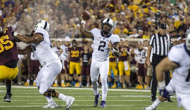 Sep 3, 2015; Minneapolis, MN, USA; TCU Horned Frogs quarterback Trevone Boykin (2) drops back for a pass in the first half against the Minnesota Golden Gophers at TCF Bank Stadium. Mandatory Credit: Jesse Johnson-USA TODAY Sports