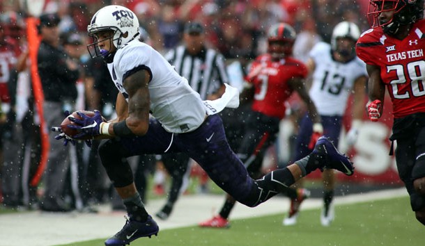 Sep 26, 2015; Lubbock, TX, USA; Texas Christian University Horned Frogs wide receiver Josh Doctson (9) catches a ball against the Texas Tech Red Raiders in the first half at Jones AT&T Stadium. Mandatory Credit: Michael C. Johnson-USA TODAY Sports