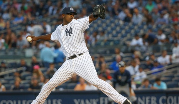 Sep 4, 2015; Bronx, NY, USA; New York Yankees starting pitcher Luis Severino (40) pitches during the first inning against the Tampa Bay Rays at Yankee Stadium. Mandatory Credit: Anthony Gruppuso-USA TODAY Sports