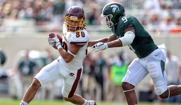 Sep 26, 2015; East Lansing, MI, USA; Central Michigan Chippewas wide receiver Anthony Rice (80) runs for yards after a catch against Michigan State Spartans safety Montae Nicholson (9) during the 2nd half of a game at Spartan Stadium.  MSU won 30-10. Mandatory Credit: Mike Carter-USA TODAY Sports