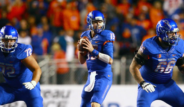 Sep 4, 2015; Boise, ID, USA; Boise State Broncos quarterback Ryan Finley (15) looks for a receiver down field during the first half verses the Washington Huskies at Albertsons Stadium. Brian Losness-USA TODAY Sports