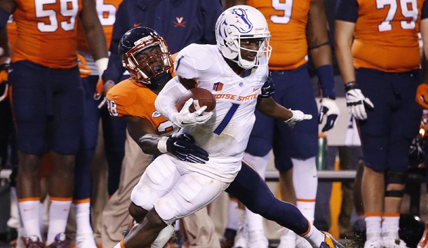 Sep 25, 2015; Charlottesville, VA, USA; Boise State Broncos wide receiver Shane Williams-Rhodes (1) runs with the ball as Virginia Cavaliers safety Wilfred Wahee (28) makes the tackle in the third quarter at Scott Stadium. Mandatory Credit: Amber Searls-USA TODAY Sports