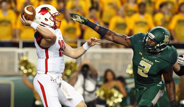 Sep 12, 2015; Waco, TX, USA; Baylor Bears defensive end Shawn Oakman (2) forces Lamar Cardinals quarterback Joe Minden (10) into a intentional grounding call during the second quarter at McLane Stadium. Mandatory Credit: Ray Carlin-USA TODAY Sports