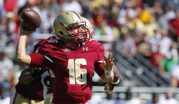 Sep 26, 2015; Boston, MA, USA; Boston College quarterback Troy Flutie (16) throws against the Northern Illinois  during the first half at Alumni Stadium. Mandatory Credit: Winslow Townson-USA TODAY Sports