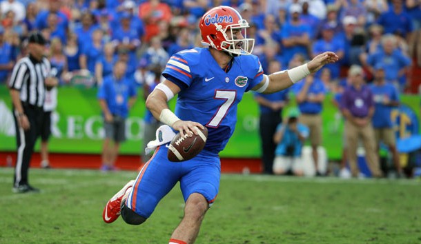 Sep 26, 2015; Gainesville, FL, USA; Florida Gators quarterback Will Grier (7) runs out of the pocket against the Tennessee Volunteers during the second half at Ben Hill Griffin Stadium. Florida Gators defeated the Tennessee Volunteers 28-27. Mandatory Credit: Kim Klement-USA TODAY Sports
