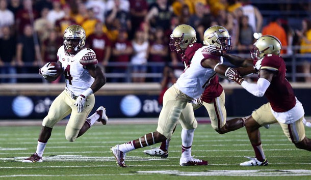 Sep 18, 2015; Boston, MA, USA; Florida State Seminoles running back Dalvin Cook (4) runs the ball against the Boston College Eagles during the first half at Alumni Stadium. Mandatory Credit: Mark L. Baer-USA TODAY Sports