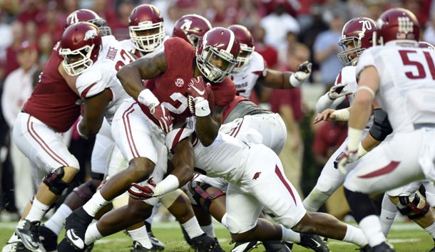 Oct 10, 2015; Tuscaloosa, AL, USA; Alabama Crimson Tide running back Derrick Henry (2) carries against the Arkansas Razorbacks during the first quarter at Bryant-Denny Stadium. Mandatory Credit: John David Mercer-USA TODAY Sports