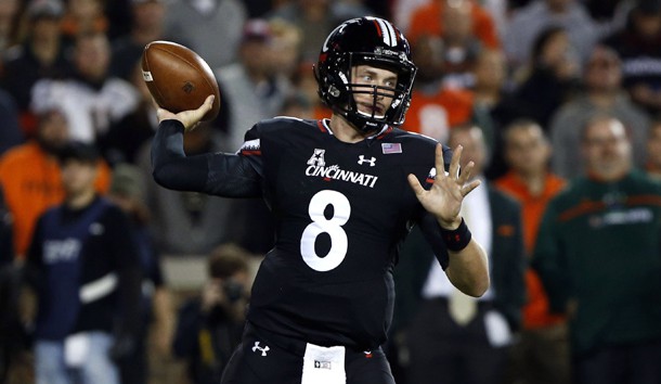 Oct 1, 2015; Cincinnati, OH, USA; Cincinnati Bearcats quarterback Hayden Moore (8) looks to pass in the first half against the Miami Hurricanes at Nippert Stadium. Mandatory Credit: Aaron Doster-USA TODAY Sports