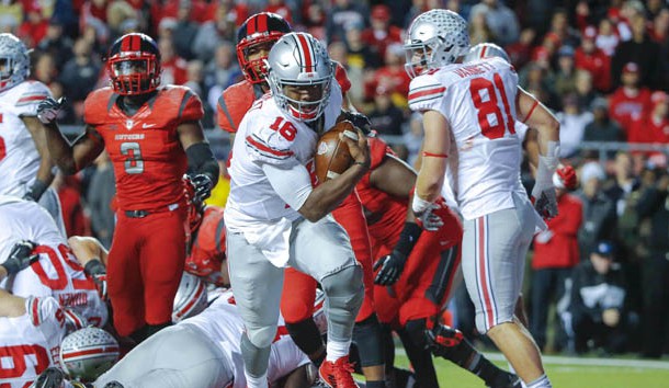 Oct 24, 2015; Piscataway, NJ, USA;  Ohio State Buckeyes quarterback J.T. Barrett (16) crosses the goal line for second quarter touchdown against the Rutgers Scarlet Knights at High Points Solutions Stadium. Mandatory Credit: Jim O'Connor-USA TODAY Sports