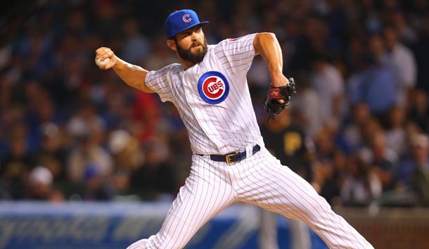 Sep 27, 2015; Chicago, IL, USA; Chicago Cubs starting pitcher Jake Arrieta (49) delivers a pitch during the first inning against the Pittsburgh Pirates at Wrigley Field. Mandatory Credit: Dennis Wierzbicki-USA TODAY Sports
