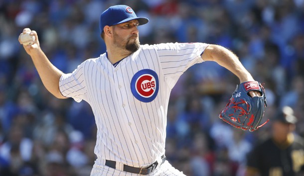 Sep 26, 2015; Chicago, IL, USA; Chicago Cubs starting pitcher Jason Hammel (39) throws a pitch against the Pittsburgh Pirates during the first inning at Wrigley Field. Mandatory Credit: Kamil Krzaczynski-USA TODAY Sports