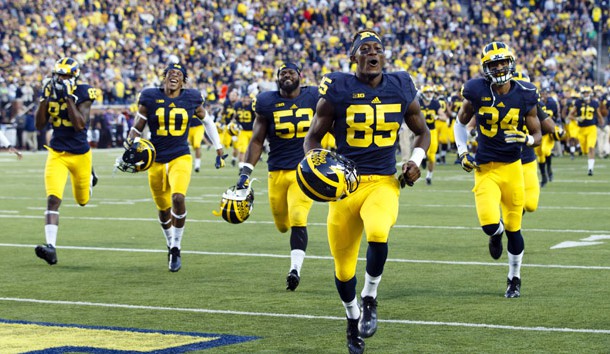 Oct 10, 2015; Ann Arbor, MI, USA; Michigan Wolverines players run over to the student section after the game against the Northwestern Wildcats at Michigan Stadium. Michigan won 38-0. Mandatory Credit: Rick Osentoski-USA TODAY Sports