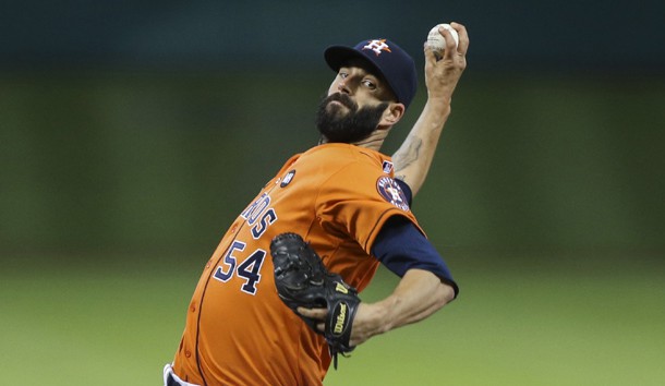 Sep 18, 2015; Houston, TX, USA; Houston Astros starting pitcher Mike Fiers (54) delivers a pitch during the first inning against the Oakland Athletics at Minute Maid Park. Mandatory Credit: Troy Taormina-USA TODAY Sports