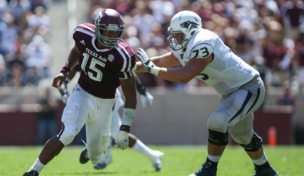 Sep 19, 2015; College Station, TX, USA; Texas A&M Aggies defensive lineman Myles Garrett (15) in action during the game against the Nevada Wolf Pack at Kyle Field. Mandatory Credit: Troy Taormina-USA TODAY Sports