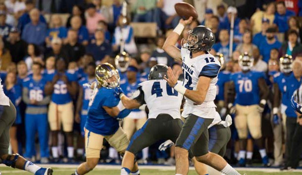 Oct 23, 2015; Tulsa, OK, USA; Memphis Tigers quarterback Paxton Lynch (12) throws the ball against the Tulsa Golden Hurricane during the first quarter at Skelly Field at H.A. Chapman Stadium. Mandatory Credit: Rob Ferguson-USA TODAY Sports
