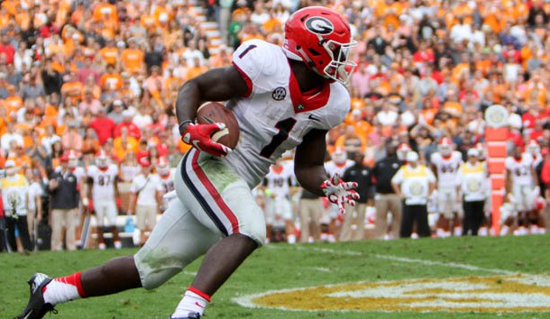 Oct 10, 2015; Knoxville, TN, USA; Georgia Bulldogs running back Sony Michel (1) runs the ball against the Tennessee Volunteers during the first half at Neyland Stadium. Mandatory Credit: Randy Sartin-USA TODAY Sports