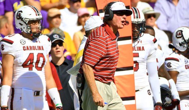 Oct 10, 2015; Baton Rouge, LA, USA; South Carolina Gamecocks head coach Steve Spurrier against the LSU Tigers during the first quarter of a game at Tiger Stadium. Mandatory Credit: Derick E. Hingle-USA TODAY Sports