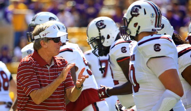 Oct 10, 2015; Baton Rouge, LA, USA; South Carolina Gamecocks head coach Steve Spurrier during pregame of a game against the LSU Tigers at Tiger Stadium. Mandatory Credit: Derick E. Hingle-USA TODAY Sports