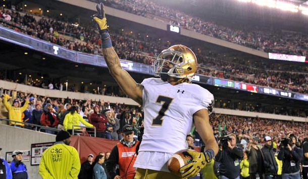 Oct 31, 2015; Philadelphia, PA, USA; Notre Dame Fighting Irish wide receiver Will Fuller (7) reacts after scoring a touchdown against the Temple Owls during the second half at Lincoln Financial Field. Notre Dame won the game 24-20. Mandatory Credit: Derik Hamilton-USA TODAY Sports