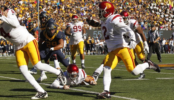 Oct 31, 2015; Berkeley, CA, USA; Southern California Trojans cornerback Adoree' Jackson (2) returns an interception for a touchdown against the California Golden Bears in the third quarter at Memorial Stadium. The Trojans defeated the Bears 27-21. Mandatory Credit: Cary Edmondson-USA TODAY Sports