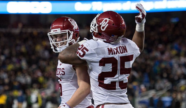 Nov 14, 2015; Waco, TX, USA; Oklahoma Sooners quarterback Baker Mayfield (6) and running back Joe Mixon (25) celebrate during the second half against the Baylor Bears at McLane Stadium. Mandatory Credit: Jerome Miron-USA TODAY Sports