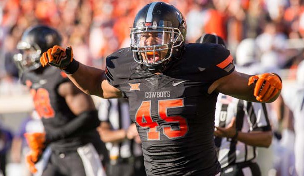 Nov 7, 2015; Stillwater, OK, USA; Oklahoma State Cowboys linebacker Chad Whitener (45) reacts against the TCU Horned Frogs during the first half at Boone Pickens Stadium. Mandatory Credit: Rob Ferguson-USA TODAY Sports