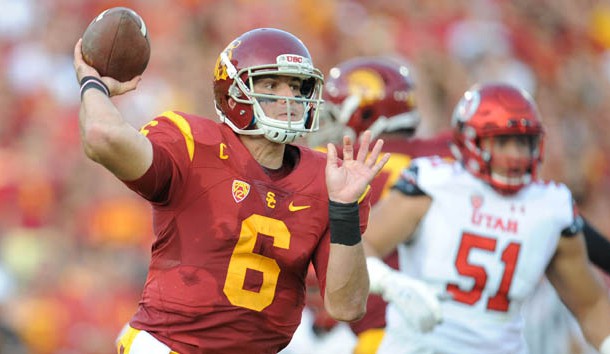 October 24, 2015; Los Angeles, CA, USA; Southern California Trojans quarterback Cody Kessler (6) throws against the Utah Utes during the first half at Los Angeles Memorial Coliseum. Mandatory Credit: Gary A. Vasquez-USA TODAY Sports