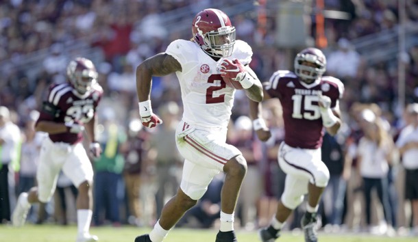 Oct 17, 2015; College Station, TX, USA; Alabama Crimson Tide running back Derrick Henry (2) makes a long run for a touchdown against the Texas A&M Aggies in the first quarter at Kyle Field. Mandatory Credit: Erich Schlegel-USA TODAY Sports