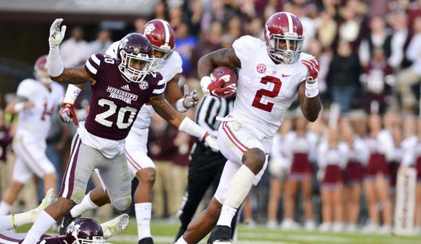 Nov 14, 2015; Starkville, MS, USA; Alabama Crimson Tide running back Derrick Henry (2) runs the ball during a play that would result in a touchdown during the second quarter of the game against the Mississippi State Bulldogs at Davis Wade Stadium. Mandatory Credit: Matt Bush-USA TODAY Sports