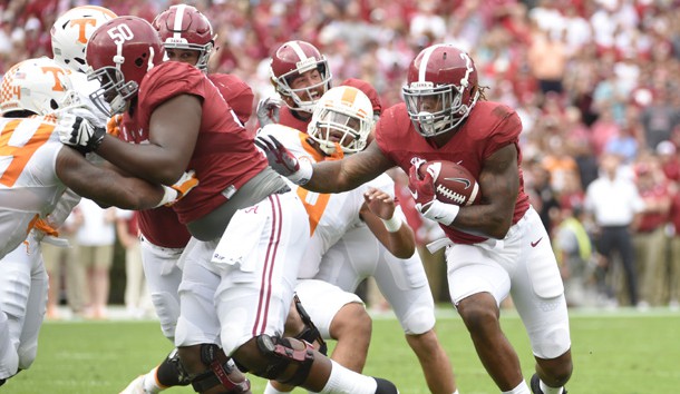 Oct 24, 2015; Tuscaloosa, AL, USA; Alabama Crimson Tide running back Derrick Henry (2) carries for a touchdown against the Tennessee Volunteers during the first quarter at Bryant-Denny Stadium. Mandatory Credit: John David Mercer-USA TODAY Sports
