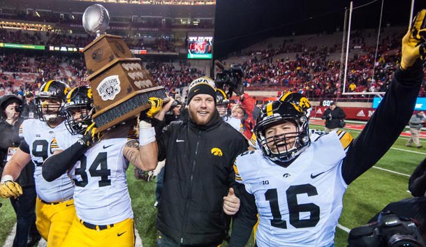 Nov 27, 2015; Lincoln, NE, USA; The Iowa Hawkeyes celebrate their victory over the Nebraska Cornhuskers at Memorial Stadium. Iowa won 28-20. Mandatory Credit: Jeffrey Becker-USA TODAY Sports