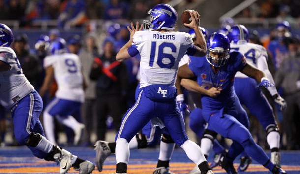 Nov 20, 2015; Boise, ID, USA; Air Force Falcons quarterback Karson Roberts (16) looks for a receiver during the first half versus the Boise State Broncos at Albertsons Stadium. Mandatory Credit: Brian Losness-USA TODAY Sports