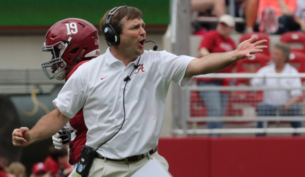 Apr 18, 2015; Tuscaloosa, AL, USA; Alabama Crimson Tide defensive coordinator and linebackers coach Kirby Smart during the A-day game at Bryant Denny Stadium. Mandatory Credit: Marvin Gentry-USA TODAY Sports