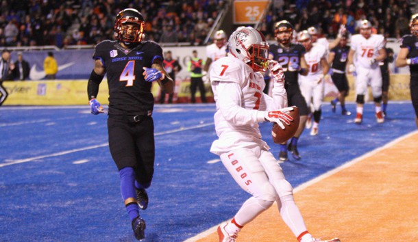 Nov 14, 2015; Boise, ID, USA; New Mexico Lobos running back Teriyon Gipson (7) scores during second half action against the Boise State Broncos at Albertsons Stadium. New Mexico beat Boise State 31-24. Mandatory Credit: Brian Losness-USA TODAY Sports