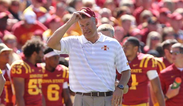 Sep 6, 2014; Ames, IA, USA;  The Iowa State Cyclones head coach Paul Rhodes reacts early in the game against the Kansas State Wildcats at at Jack Trice Stadium. Mandatory Credit: Reese Strickland-USA TODAY Sports