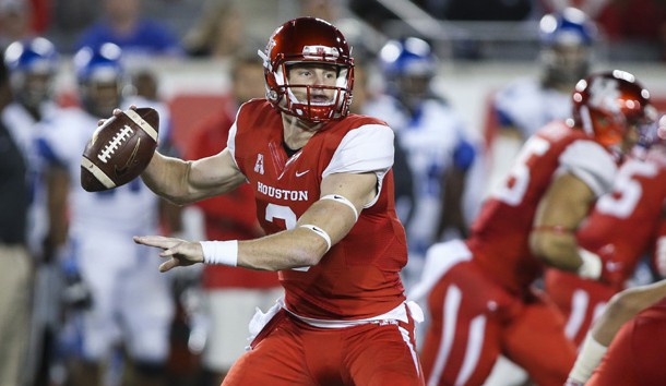 Nov 14, 2015; Houston, TX, USA; Houston Cougars quarterback Kyle Postma (3) prepares to throw the ball during the third quarter against the Memphis Tigers at TDECU Stadium. The Cougars won 35-34. Mandatory Credit: Troy Taormina-USA TODAY Sports