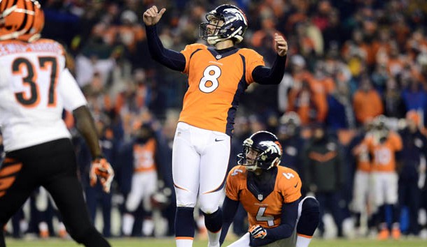 Dec 28, 2015; Denver, CO, USA; Denver Broncos kicker Brandon McManus (8) kicks a successful field goal in a overtime period against the Cincinnati Bengals at Sports Authority Field at Mile High. The Broncos defeated the Cincinnati Bengals 20-17 in overtime. Mandatory Credit: Ron Chenoy-USA TODAY Sports