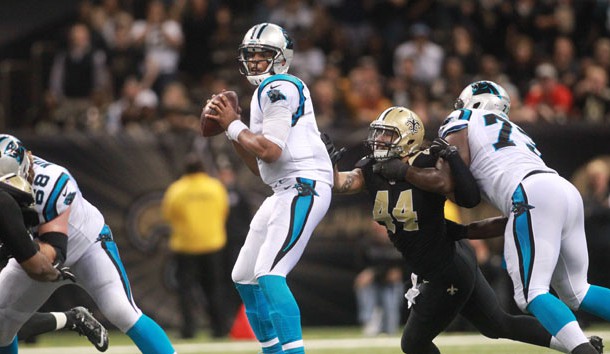 Dec 6, 2015; New Orleans, LA, USA; Carolina Panthers quarterback Cam Newton (1) throws the ball in front of New Orleans Saints outside linebacker Hau'oli Kikaha (44) in the fourth quarter at Mercedes-Benz Superdome. The Panthers won 41-38. Mandatory Credit: Crystal LoGiudice-USA TODAY Sports