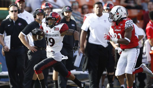 Dec 24, 2015; Honolulu, HI, USA; San Diego State Aztecs running back Donnel Pumphrey (19) makes a run down the sideline while being chased by Cincinnati Bearcats corner back Linden Stephens (32) during the second quarter in the 2015 Hawaii Bowl at Aloha Stadium. Mandatory Credit: Marco Garcia-USA TODAY Sports