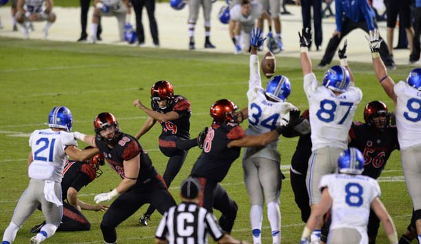 Dec 5, 2015; San Diego, CA, USA; San Diego State Aztecs place kicker Donny Hageman (59) kicks the go ahead field goal in a 27-24 win over the Air Force Falcons in the fourth quarter at Qualcomm Stadium. Mandatory Credit: Jake Roth-USA TODAY Sports
