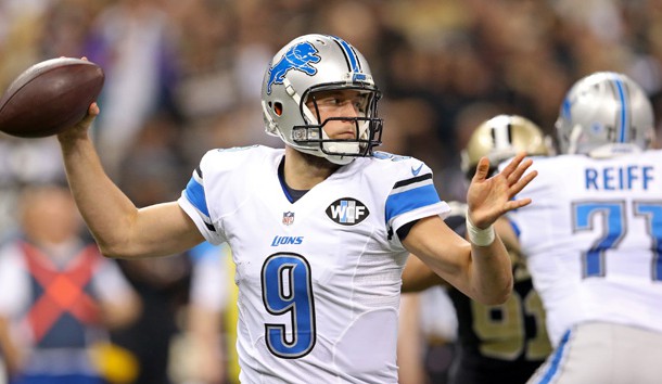 Dec 21, 2015; New Orleans, LA, USA; Detroit Lions quarterback Matthew Stafford (9) makes a throw in the first quarter of the game against the New Orleans Saints at the Mercedes-Benz Superdome. Mandatory Credit: Chuck Cook-USA TODAY Sports