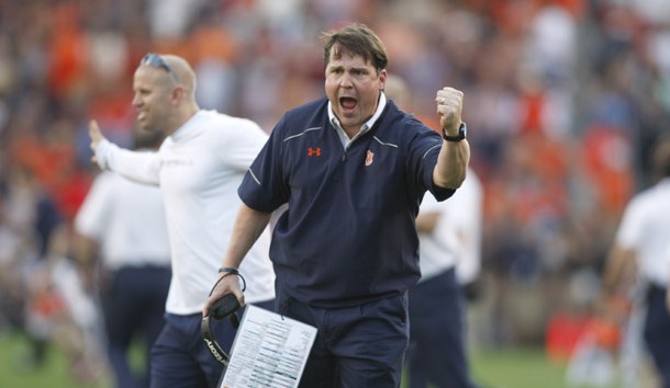 Nov 28, 2015; Auburn, AL, USA; Auburn Tigers defensive coordinator Will Muschamp complains to an official during the second quarter against the Alabama Crimson Tide at Jordan Hare Stadium. Mandatory Credit: John Reed-USA TODAY Sports