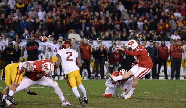 Dec 30, 2015; San Diego, CA, USA; Wisconsin Badgers place kicker Rafael Gaglianone (10) makes a field goal against the USC Trojans during the fourth quarter in the 2015 Holiday Bowl at Qualcomm Stadium. Mandatory Credit: Jake Roth-USA TODAY Sports