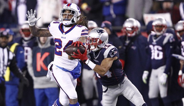 Nov 23, 2015; Foxborough, MA, USA; New England Patriots wide receiver Chris Harper (14) catches a pass against Buffalo Bills cornerback Stephon Gilmore (24) during the second half at Gillette Stadium. Mandatory Credit: Mark L. Baer-USA TODAY Sports