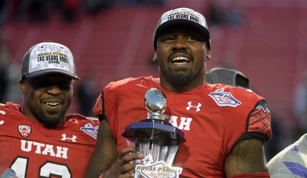 Dec 19, 2015; Las Vegas, NV, USA; Utah Utes defensive back Tevin Carter (9) holds the most valuable player trophy at the Las Vegas Bowl against the Brigham Young Cougars at Sam Boyd Stadium. Utah defeated BYU 35-28. Mandatory Credit: Kirby Lee-USA TODAY Sports