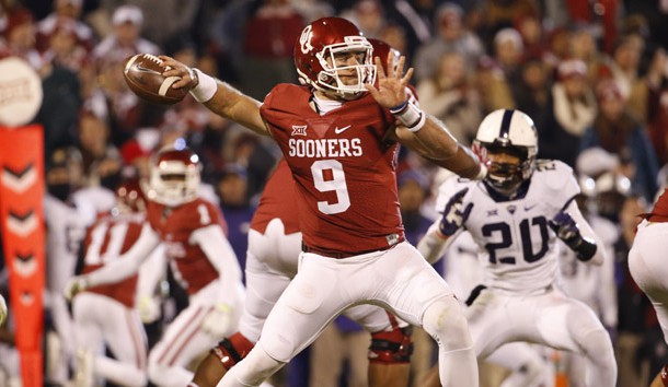 Nov 21, 2015; Norman, OK, USA; Oklahoma Sooners quarterback Trevor Knight (9) throws during the second half against the TCU Horned Frogs at Gaylord Family - Oklahoma Memorial Stadium. Mandatory Credit: Kevin Jairaj-USA TODAY Sports