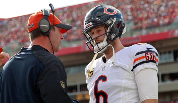 Dec 27, 2015; Tampa, FL, USA; Chicago Bears quarterback Jay Cutler (6) talks with offensive coordinator Adam Gase during the second half against the Tampa Bay Buccaneers at Raymond James Stadium. Mandatory Credit: Kim Klement-USA TODAY Sports