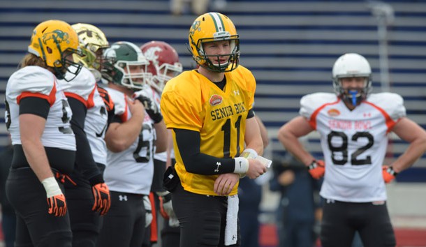 Jan 27, 2016; Mobile, AL, USA; North squad quarterback Carson Wentz of North Dakota State (11) waits for a play to be signaled in to him during Senior Bowl practice at Ladd-Peebles Stadium. Photo Credit: Glenn Andrews-USA TODAY Sports